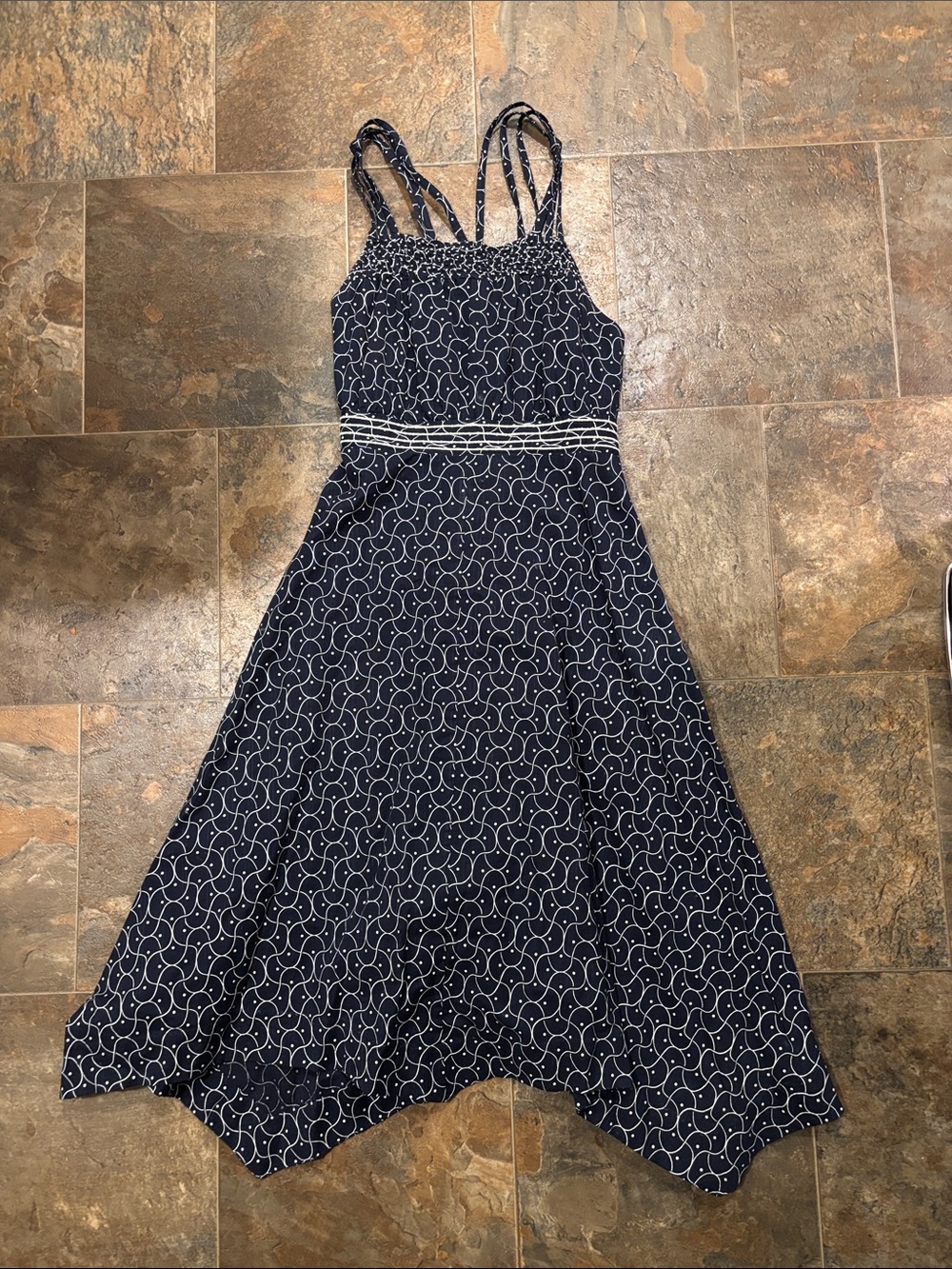 Trovata Navy Blue Patterned Strappy 100% Cotton Handkerchief Midi Sundress Sz S
